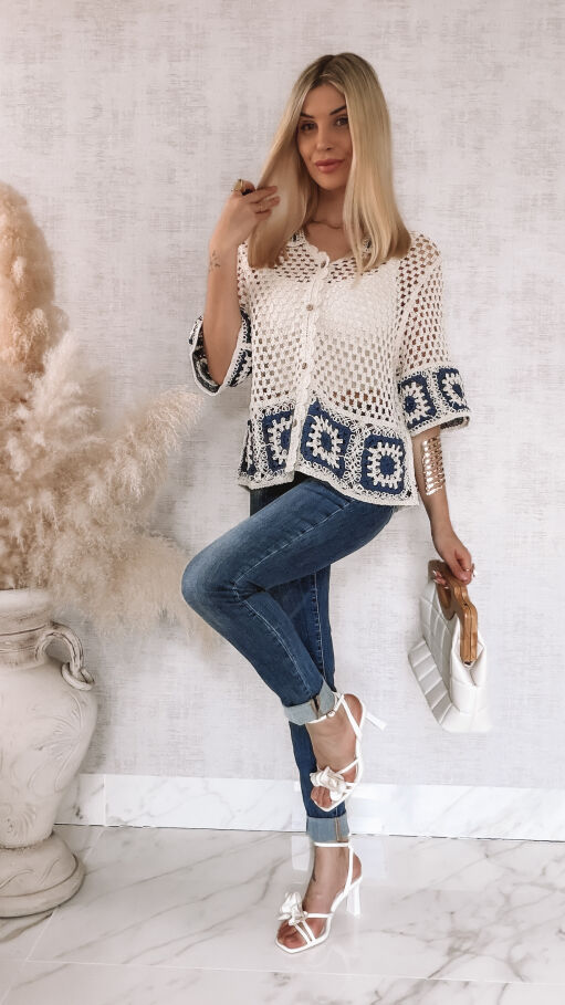 Bawełniany sweter ECRU na guziki w stylu szydełkowym ONE SIZE - R936