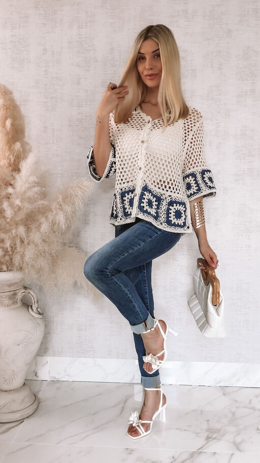 Bawełniany sweter ECRU na guziki w stylu szydełkowym ONE SIZE - R936