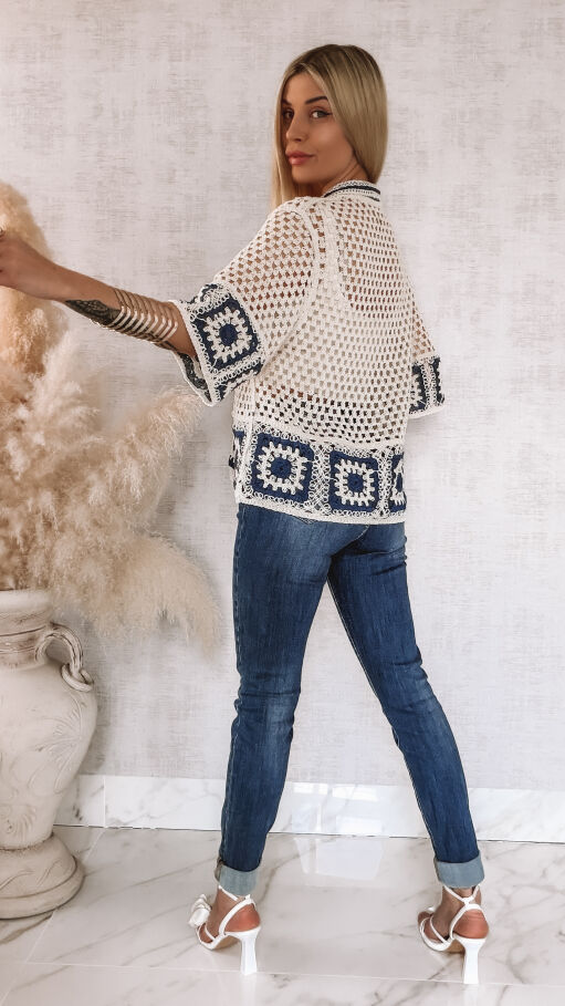 Bawełniany sweter ECRU na guziki w stylu szydełkowym ONE SIZE - R936