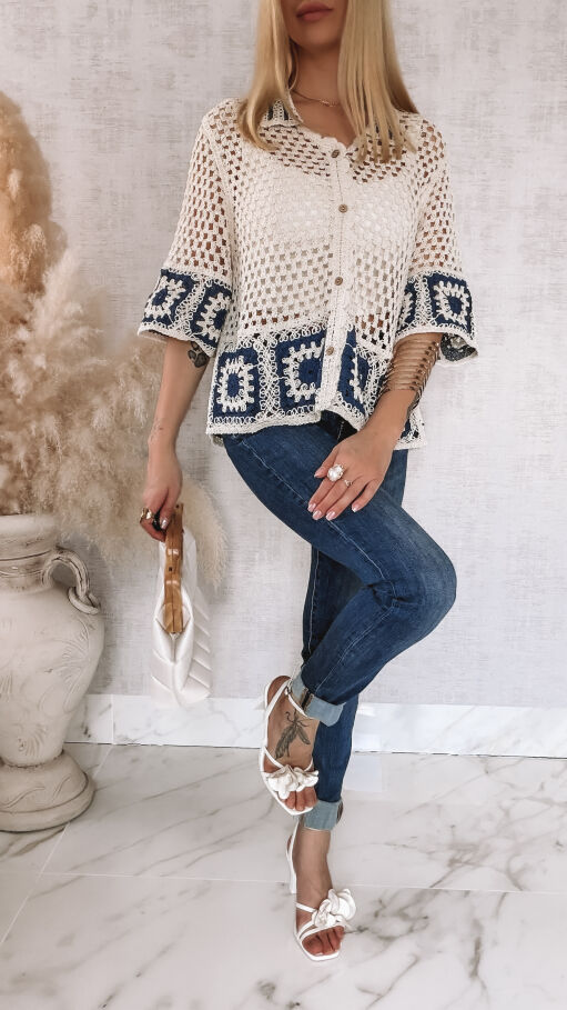 Bawełniany sweter ECRU na guziki w stylu szydełkowym ONE SIZE - R936