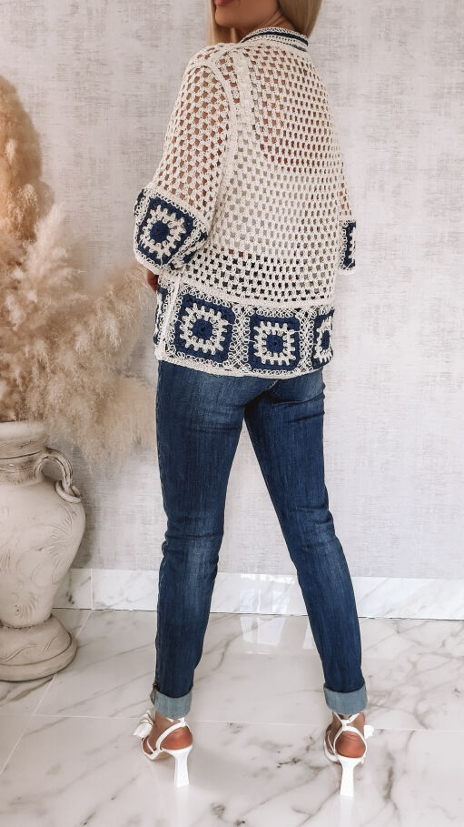 Bawełniany sweter ECRU na guziki w stylu szydełkowym ONE SIZE - R936