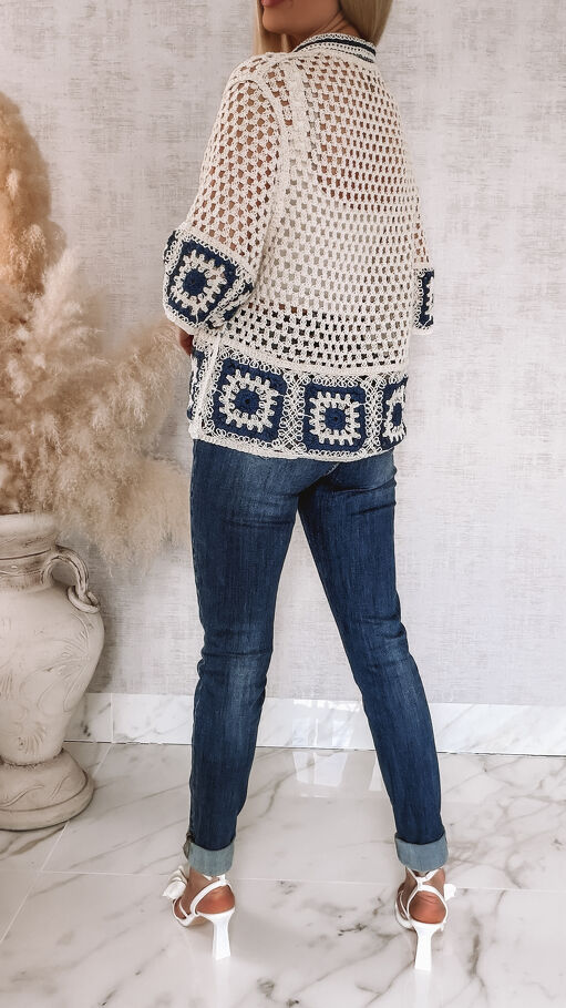 Bawełniany sweter ECRU na guziki w stylu szydełkowym ONE SIZE - R936