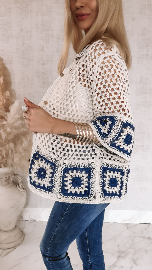 Bawełniany sweter ECRU na guziki w stylu szydełkowym ONE SIZE - R936