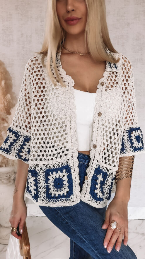 Bawełniany sweter ECRU na guziki w stylu szydełkowym ONE SIZE - R936