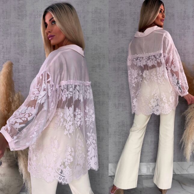 Elegancka asymetryczna koszula z koronkowym tyłem i rękawami ONE SIZE - R583