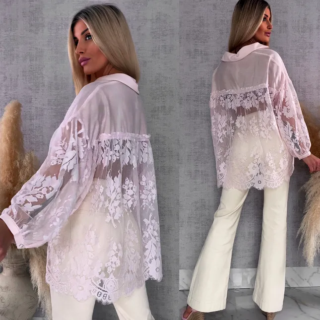 Elegancka asymetryczna koszula z koronkowym tyłem i rękawami ONE SIZE - R583