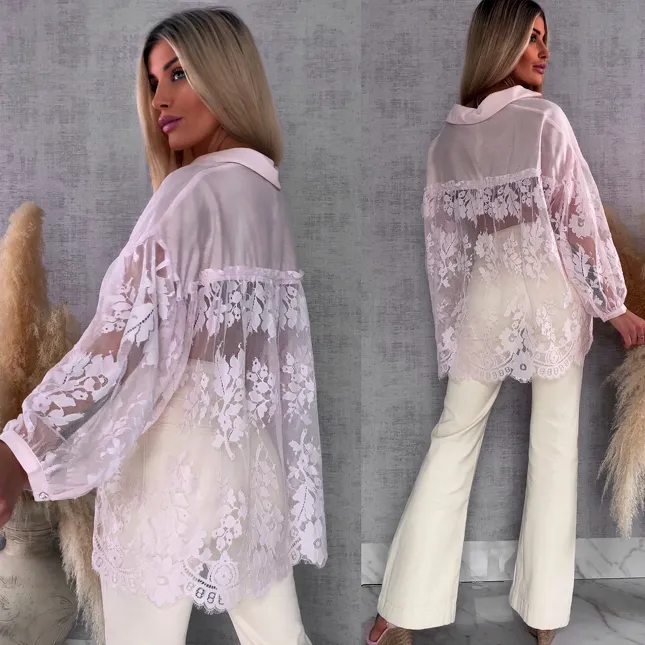 Elegancka asymetryczna koszula z koronkowym tyłem i rękawami ONE SIZE - R583