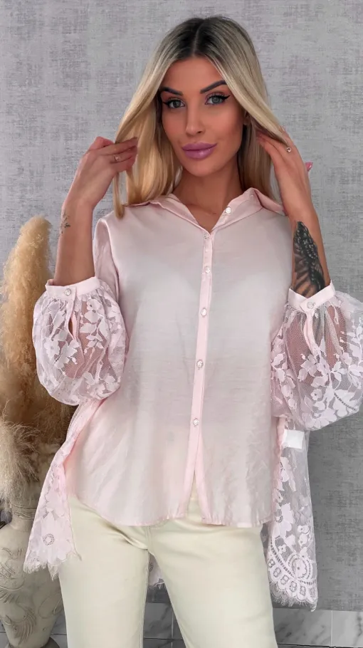Elegancka asymetryczna koszula z koronkowym tyłem i rękawami ONE SIZE - R583