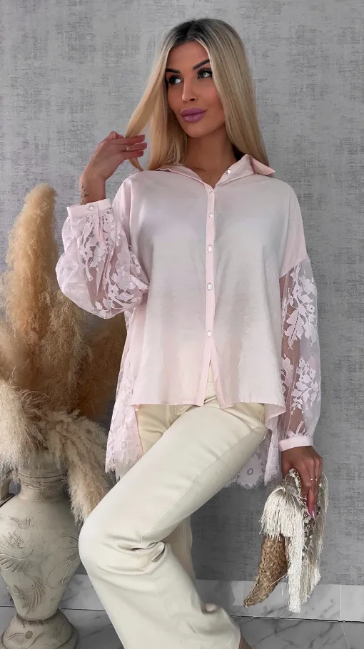 Elegancka asymetryczna koszula z koronkowym tyłem i rękawami ONE SIZE - R583