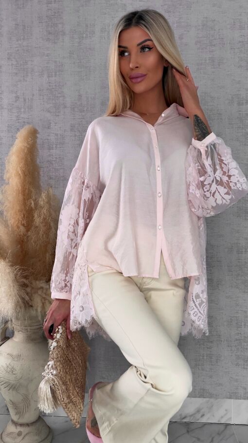 Elegancka asymetryczna koszula z koronkowym tyłem i rękawami ONE SIZE - R583