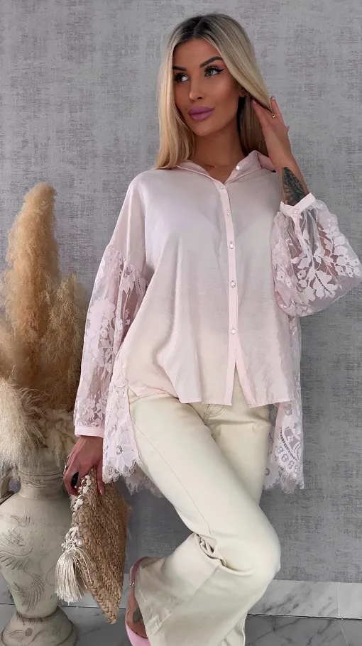Elegancka asymetryczna koszula z koronkowym tyłem i rękawami ONE SIZE - R583