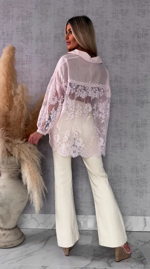 Elegancka asymetryczna koszula z koronkowym tyłem i rękawami ONE SIZE - R583