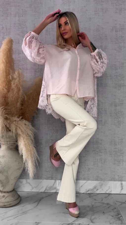 Elegancka asymetryczna koszula z koronkowym tyłem i rękawami ONE SIZE - R583