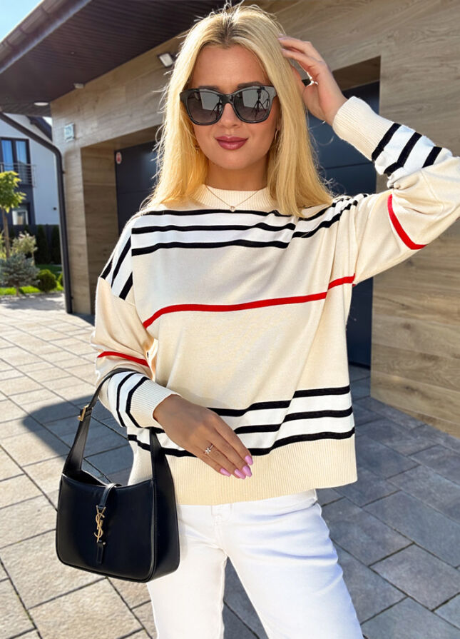 Klasyczny sweter z wiskozy w modne paski ECRU - M172