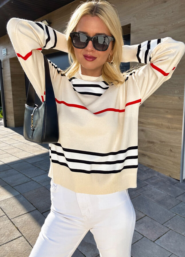 Klasyczny sweter z wiskozy w modne paski ECRU - M172