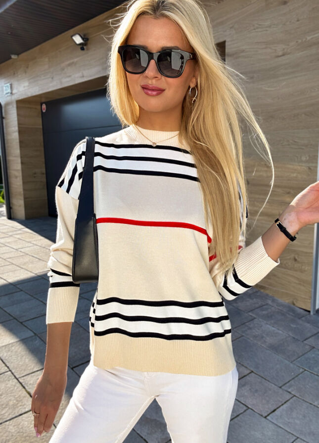 Klasyczny sweter z wiskozy w modne paski ECRU - M172