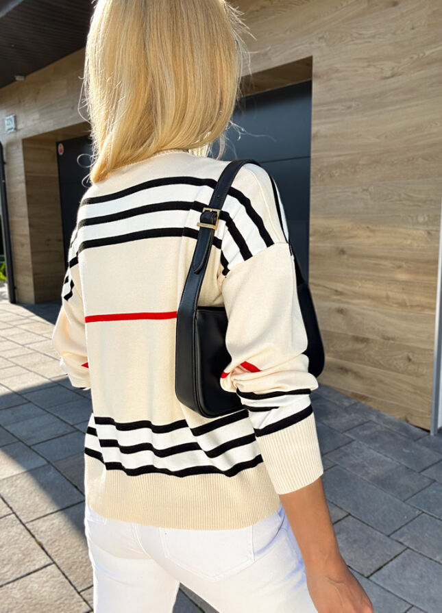 Klasyczny sweter z wiskozy w modne paski ECRU - M172