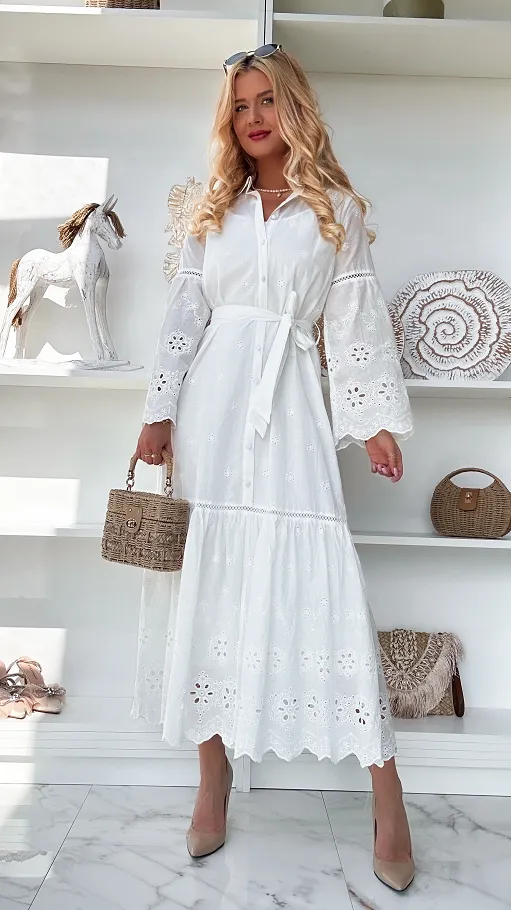 Biała MAXI długa sukienka cała haftowana z guzikami 100% bawełna - P533