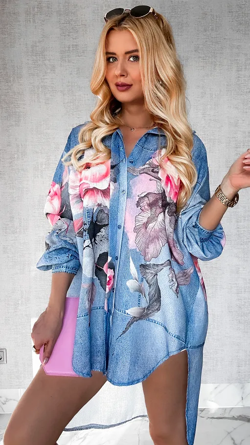 Asymetryczna lniana koszula w jeansowym wzorze OVERSIZE - P427B