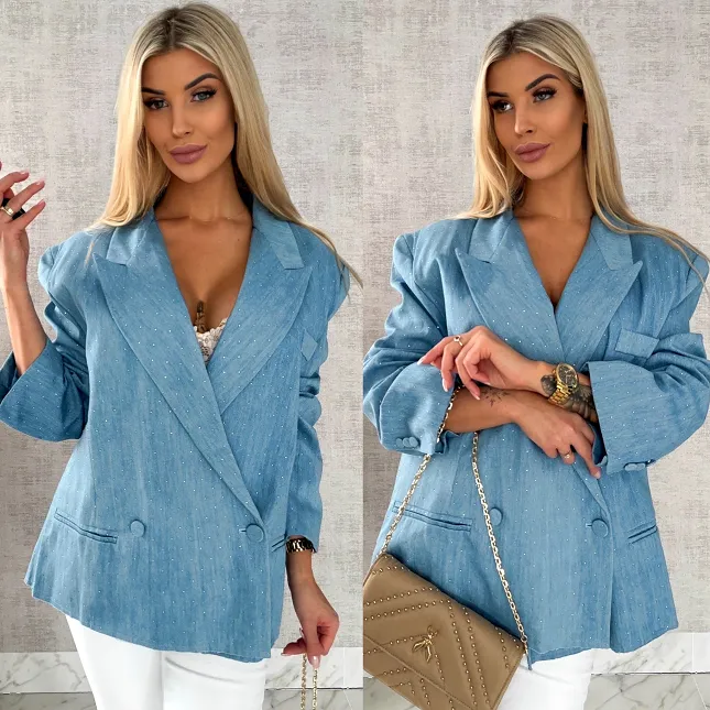 Oryginalna marynarka na wiosną w mini cyrkonie luźny OVERSIZE blue - R465