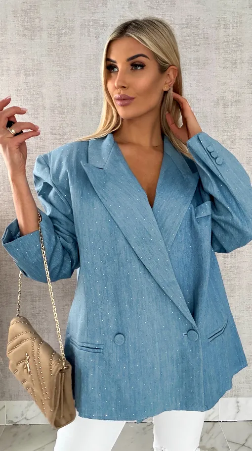 Oryginalna marynarka na wiosną w mini cyrkonie luźny OVERSIZE blue - R465