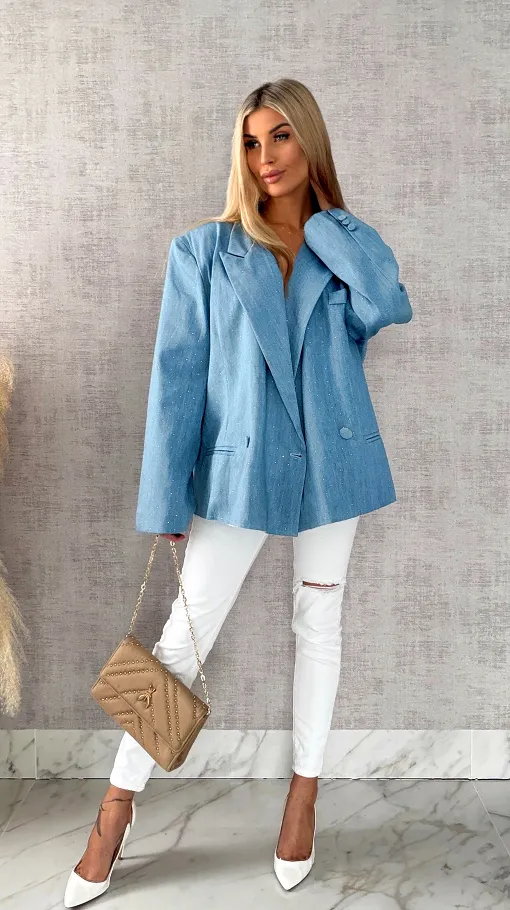 Oryginalna marynarka na wiosną w mini cyrkonie luźny OVERSIZE blue - R465