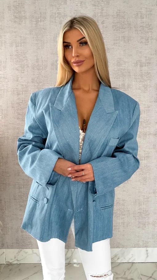 Oryginalna marynarka na wiosną w mini cyrkonie luźny OVERSIZE blue - R465