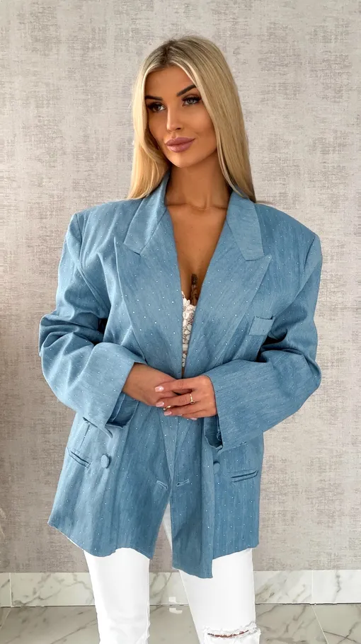 Oryginalna marynarka na wiosną w mini cyrkonie luźny OVERSIZE blue - R465