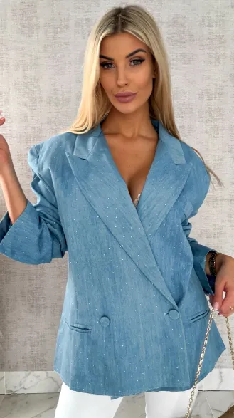 Oryginalna marynarka na wiosną w mini cyrkonie luźny OVERSIZE blue - R465