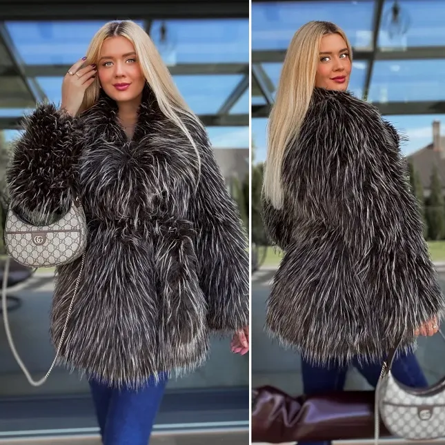 Ekskluzywne futro z wiązaniem BRĄZ z beżem OVERSIZE - R121A