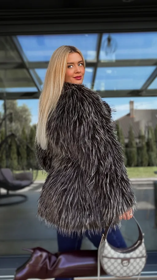 Ekskluzywne futro z wiązaniem BRĄZ z beżem OVERSIZE - R121A