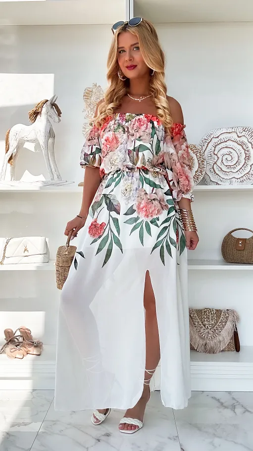 MAXI sukienka hiszpanka w kwiaty z rozcięciem na nogę ONE SIZE - P851