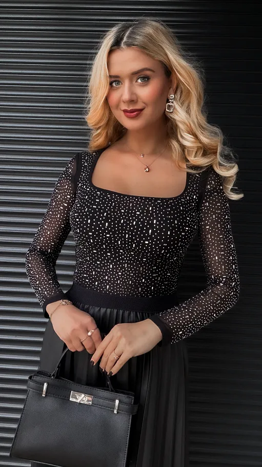 Miękka siateczkowa bluzka z cyrkoniami ONE SIZE czarna - R342