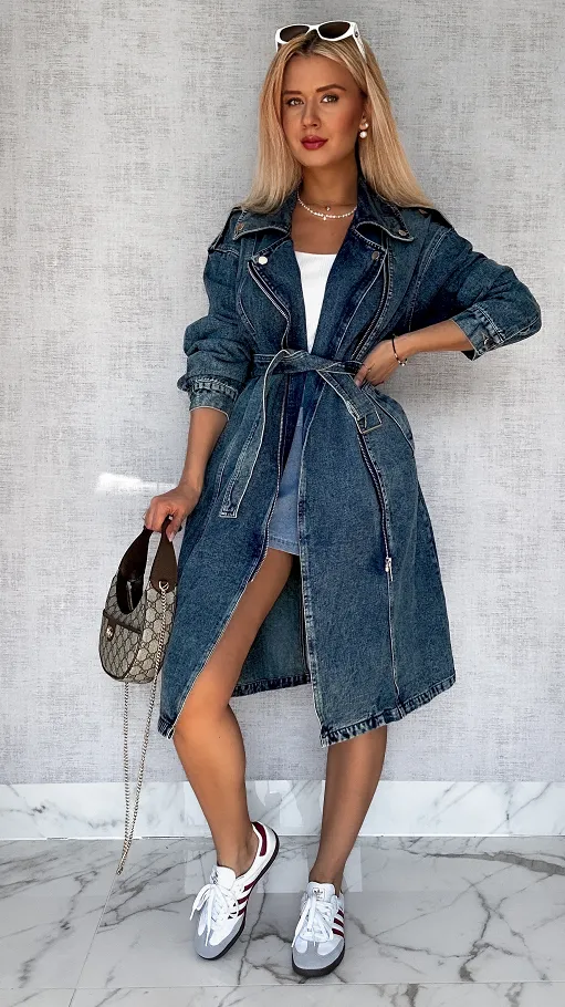 Jeansowy TRENCZ płaszcz na wiosnę DARK BLUE oversize - P705