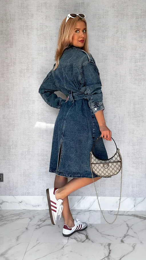 Jeansowy TRENCZ płaszcz na wiosnę DARK BLUE oversize - P705