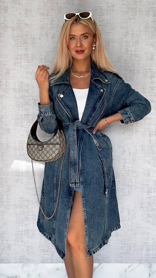 Jeansowy TRENCZ płaszcz na wiosnę DARK BLUE oversize - P705