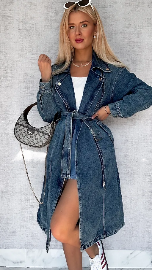 Jeansowy TRENCZ płaszcz na wiosnę DARK BLUE oversize - P705