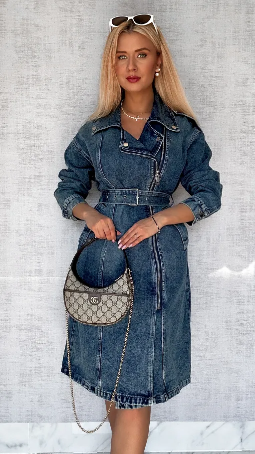 Jeansowy TRENCZ płaszcz na wiosnę DARK BLUE oversize - P705