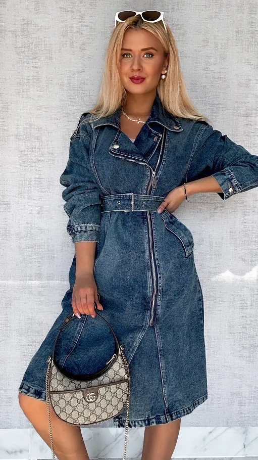 Jeansowy TRENCZ płaszcz na wiosnę DARK BLUE oversize - P705