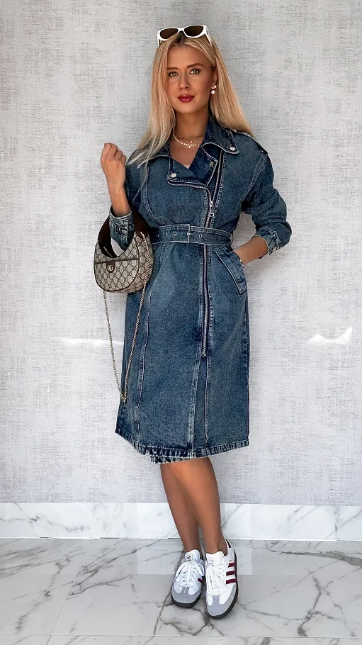 Jeansowy TRENCZ płaszcz na wiosnę DARK BLUE oversize - P705