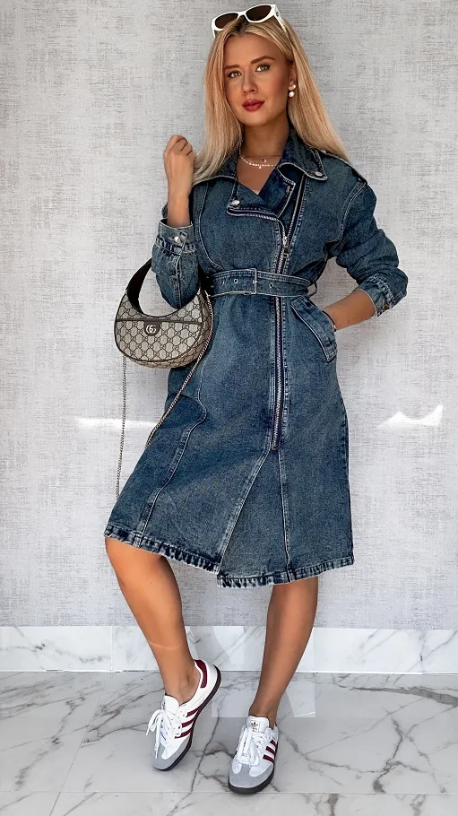 Jeansowy TRENCZ płaszcz na wiosnę DARK BLUE oversize - P705