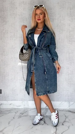 Jeansowy TRENCZ płaszcz na wiosnę DARK BLUE oversize - P705