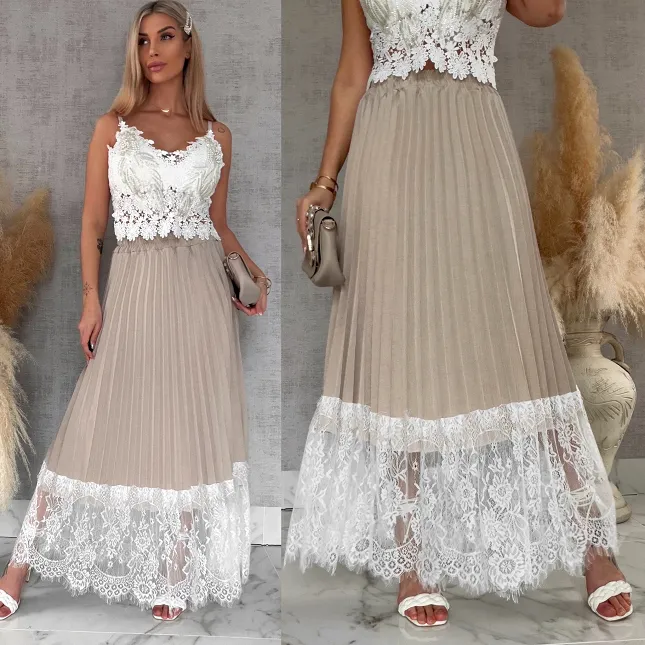 Maxi beżowa spódnica plisowana z białą koronką ONE SIZE - R549A
