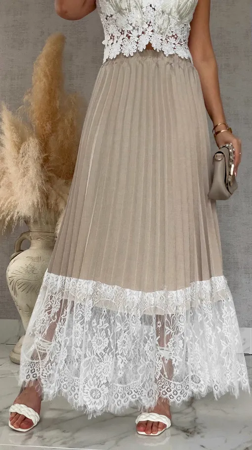 Maxi beżowa spódnica plisowana z białą koronką ONE SIZE - R549A