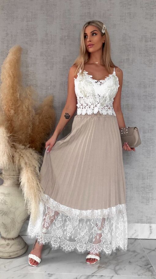 Maxi beżowa spódnica plisowana z białą koronką ONE SIZE - R549A