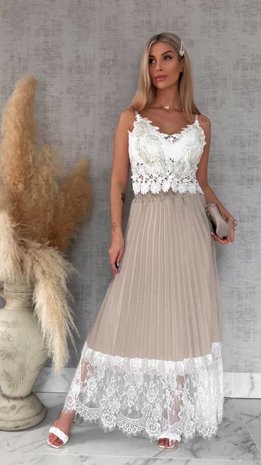Maxi beżowa spódnica plisowana z białą koronką ONE SIZE - R549A