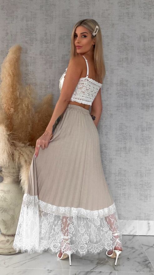 Maxi beżowa spódnica plisowana z białą koronką ONE SIZE - R549A