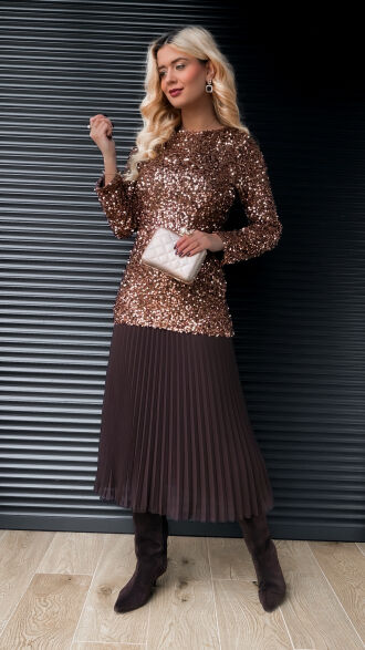 Długa sukienka warstwowa w cekiny z plisowaniem ONE SIZE czekolada - R408A