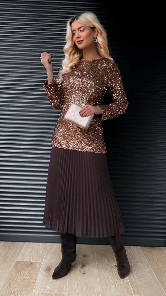 Długa sukienka warstwowa w cekiny z plisowaniem ONE SIZE czekolada - R408A