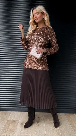 Długa sukienka warstwowa w cekiny z plisowaniem ONE SIZE czekolada - R408A